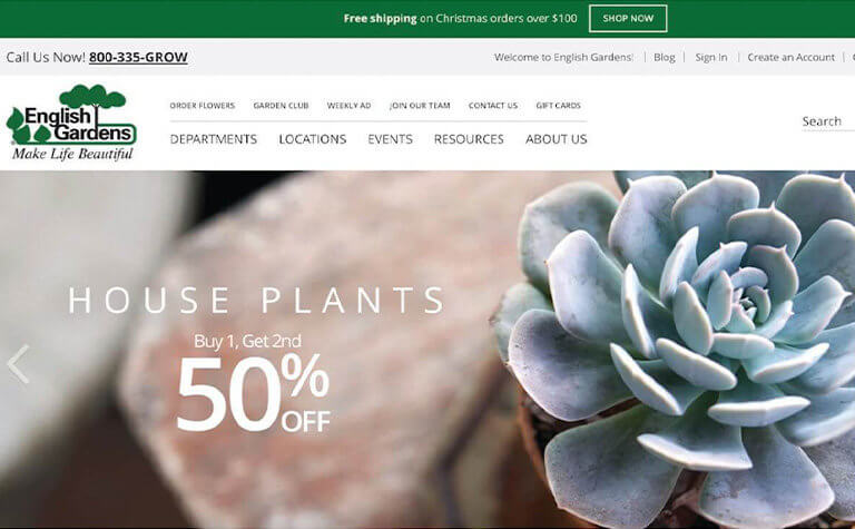 English Gardens Home Page with Green Plant